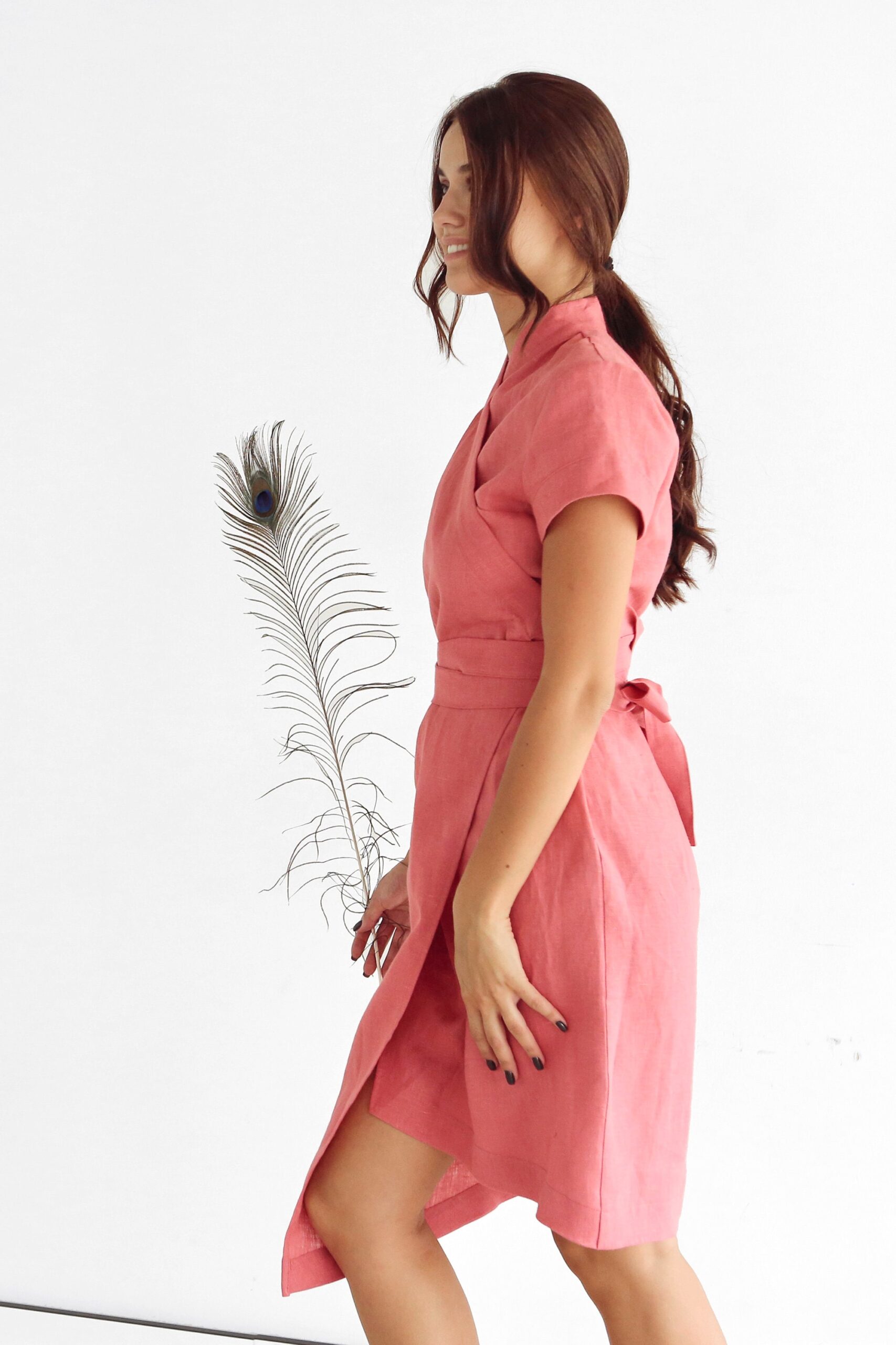 Linen Dress Wrap Midi Length Loose Fit N021 - Image 5