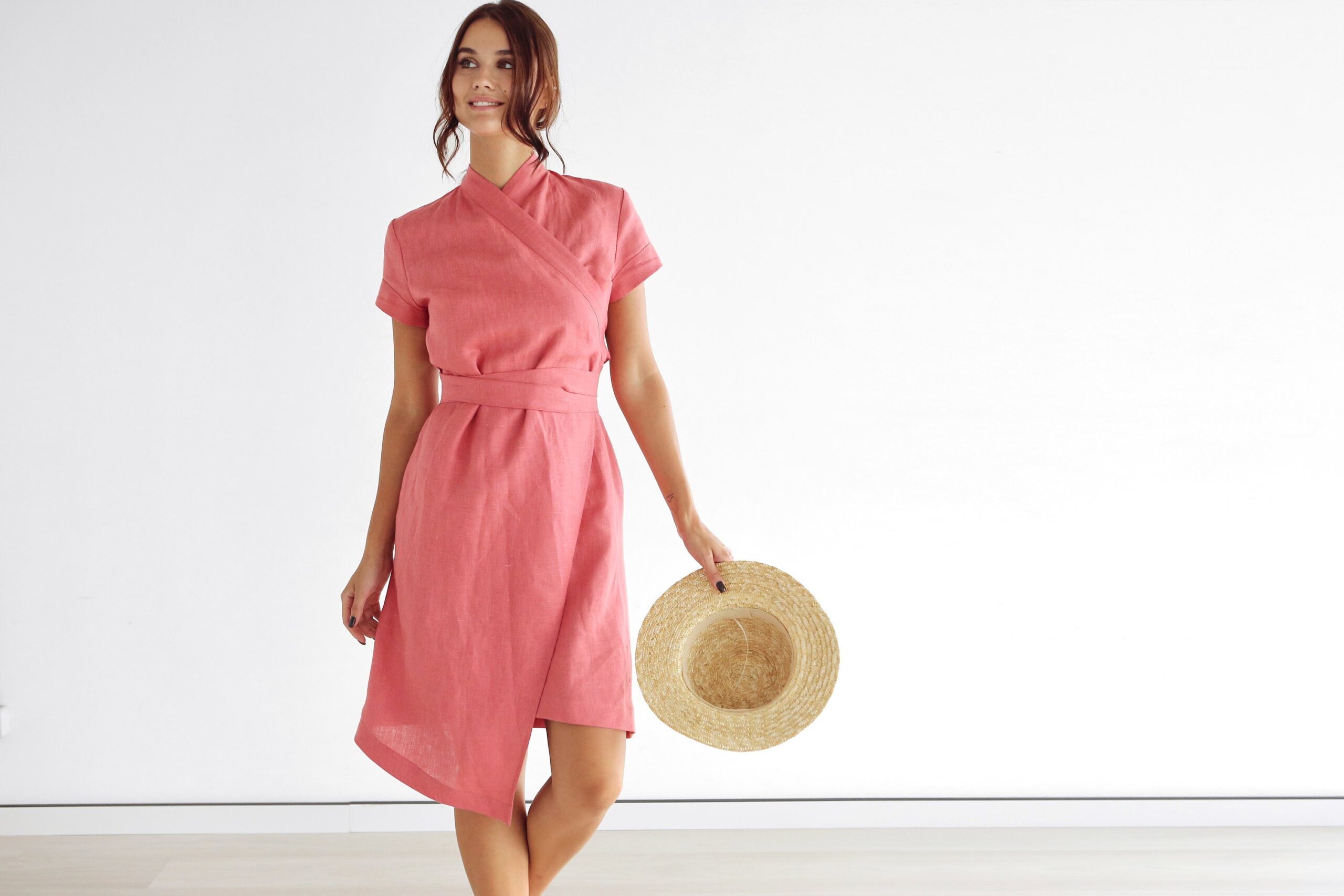 Linen Dress Wrap Midi Length Loose Fit N021 - Image 6