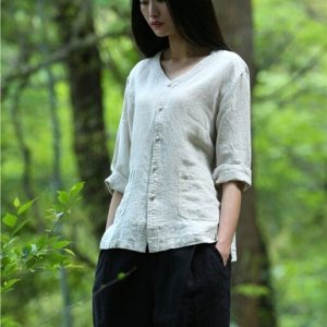 Linen Top Shirt Style V Neck Pockets F353